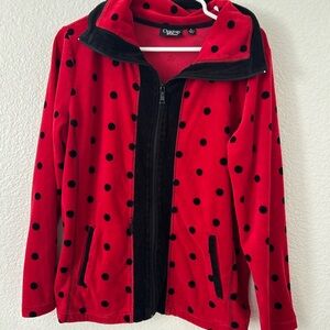 Onque Casuals Red Fleece Jacket with Black Polka Dots